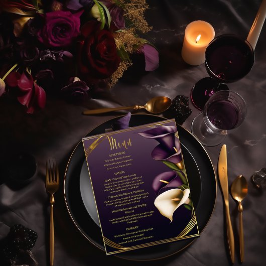 Stijlvolle Violet Paarse en gouden Calla Lily brui Menu