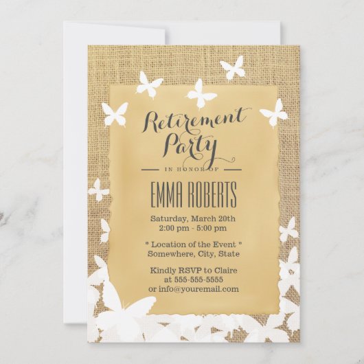 Stijlvolle vliegButterflies Burlap Retirement Kaart (Voorkant)