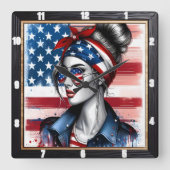 Stijlvolle Vrouw Amerikaanse Vlag Patriottisch Vierkante Klok (Voorkant)