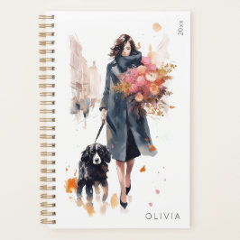 Stijlvolle vrouw hondenliefhebber roze bloemen planner