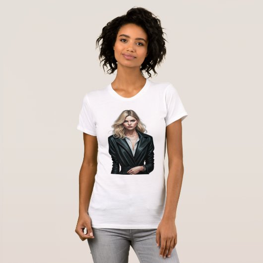 Stijlvolle vrouw in zwart lederen jas – Mode Digi T-shirt (Voorkant volledig)