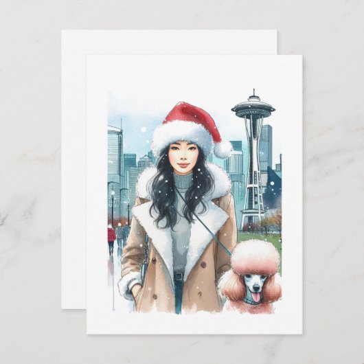 Stijlvolle vrouw loopt met poedel in Seattle met K Feestdagenkaart (Voorkant / Achterkant)