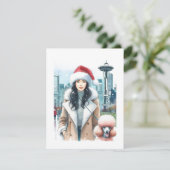 Stijlvolle vrouw loopt met Poodle in Seattle met K Feestdagenkaart (Staand voorkant)