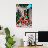 Stijlvolle vrouw op roze fiets, stedelijke avontur poster (Thuiskantoor)