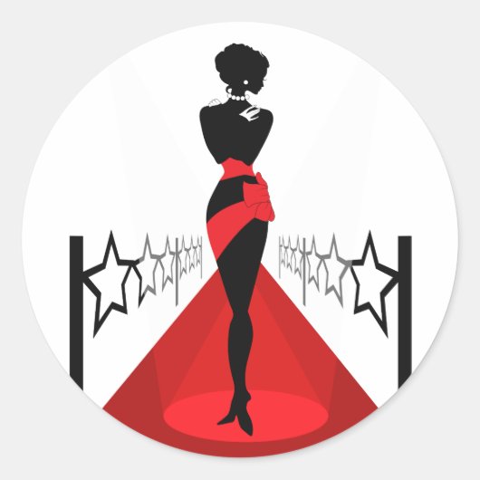 Stijlvolle vrouw silhouette op rood tapijt met ste ronde sticker (Voorkant)