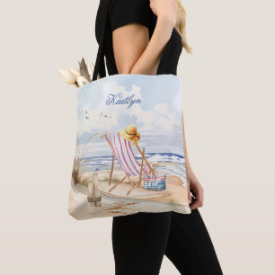 Stijlvolle Waterverf Beach Monogram Naam Tote Bag