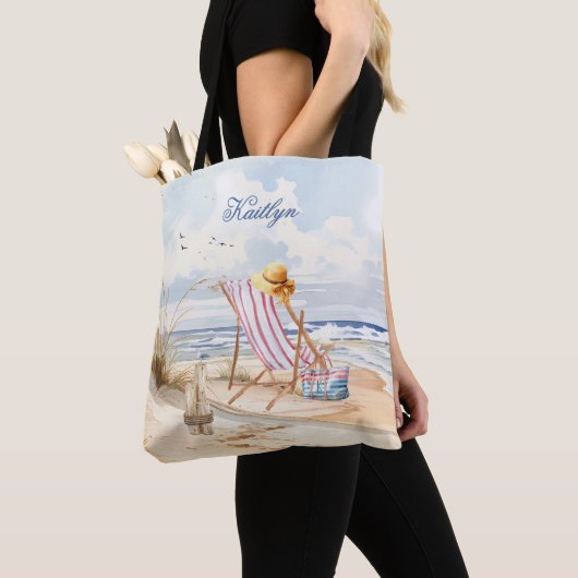 Stijlvolle Waterverf Beach Monogram Naam Tote Bag (Dichtbij)