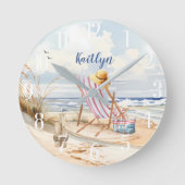 Stijlvolle Waterverf Beach Ocean Monogram Ronde Klok (Voorkant)