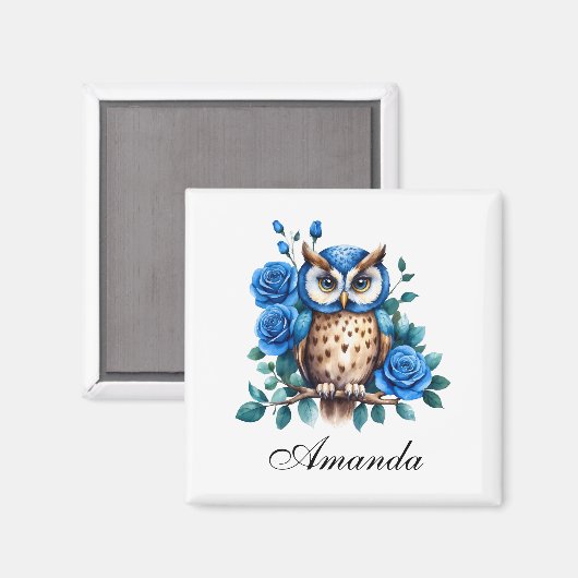 Stijlvolle Waterverf Blauwe Uil en Rozen Magneet (Voorkant / Achterkant)