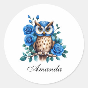 Stijlvolle Waterverf Blauwe Uil en Rozen Ronde Sticker