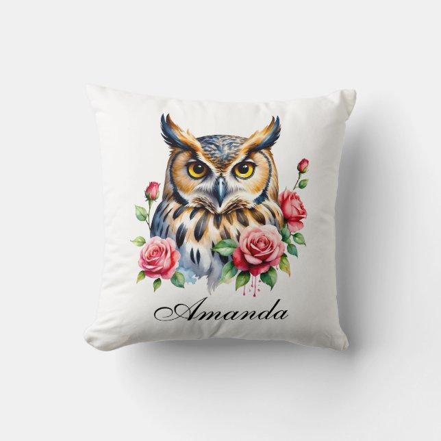 Stijlvolle Waterverf Bloemenuil Kussen (Voorkant)