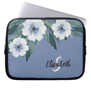 Stijlvolle waterverf bloemige monogram naam Blauw Laptop Sleeve