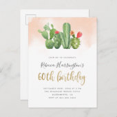 Stijlvolle Waterverf & Cactus 60ste verjaardag Uitnodiging Briefkaart (Voorkant / Achterkant)