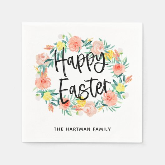 Stijlvolle Waterverf Floral met Happy Paasnaam Servet (Voorkant)