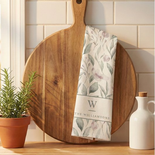 Stijlvolle waterverf groene eucalyptus monogram theedoek
