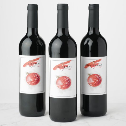 Stijlvolle Waterverf kerstboom rode bal Wijn Etiket (Flessen)
