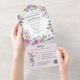 Stijlvolle waterverf paarse Bloemen QR Code Bruilo All In One Uitnodiging