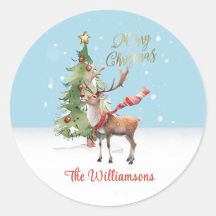 Stijlvolle Waterverf rendier boom kerst Kaart Ronde Sticker
