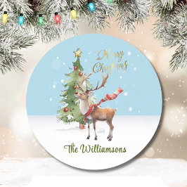 Stijlvolle Waterverf rendier boom kerst Kaart Ronde Sticker