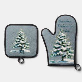 Stijlvolle Waterverf Snowy Evergreen Gepersonalise Ovenwant & Pannenlap Set