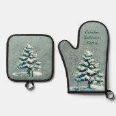 Stijlvolle Waterverf Snowy Tree gepersonaliseerd Ovenwant & Pannenlap Set (Voorkant)
