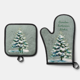 Stijlvolle Waterverf Snowy Tree gepersonaliseerd Ovenwant & Pannenlap Set
