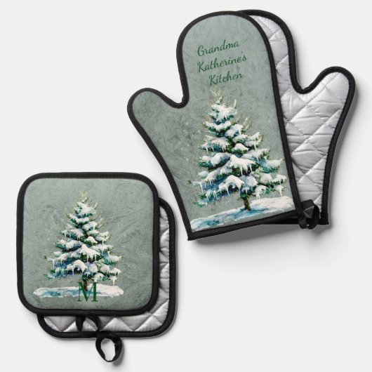 Stijlvolle Waterverf Snowy Tree gepersonaliseerd Ovenwant & Pannenlap Set (Voorkant / Achterkant)