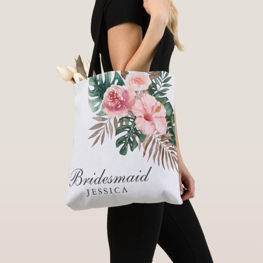Stijlvolle Waterverf Tropische Bridesmaïde Canvas Tote Bag (Dichtbij)