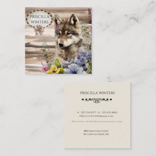 Stijlvolle Waterverf Wolf Flowers Vierkante Visitekaartje (Voorkant / Achterkant)