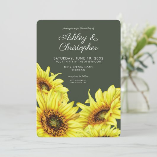 Stijlvolle Waterverf Zonnebloem Mos Groene Bruilof Kaart (Staand voorkant)