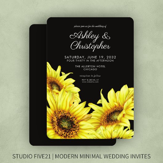Stijlvolle Waterverf Zonnebloem Rook Zwart Bruilof Kaart