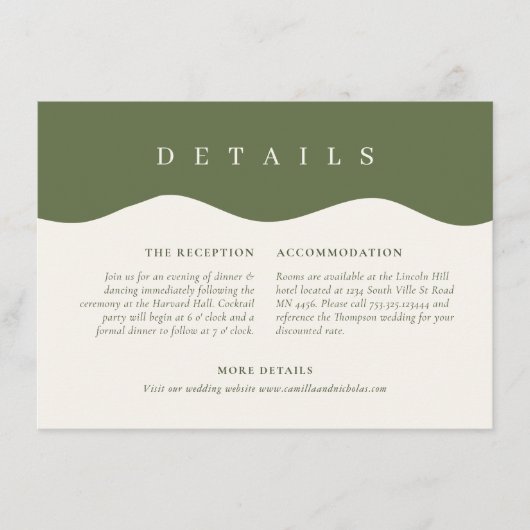 Stijlvolle Wavy Curve Olive Green Wedding Details Informatiekaartje (Voorkant)