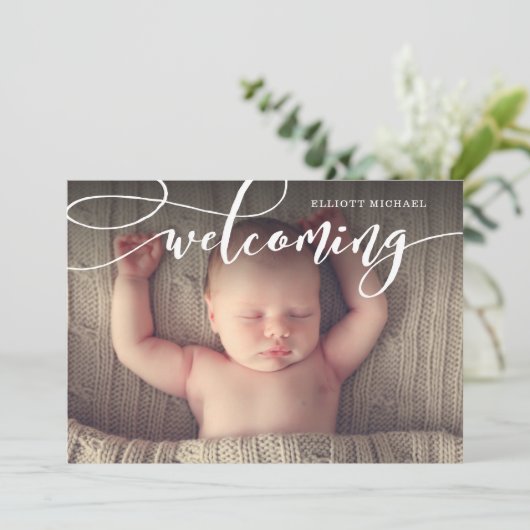 Stijlvolle Welkomstscript Foto geboorteaankondigin Aankondiging (Staand voorkant)