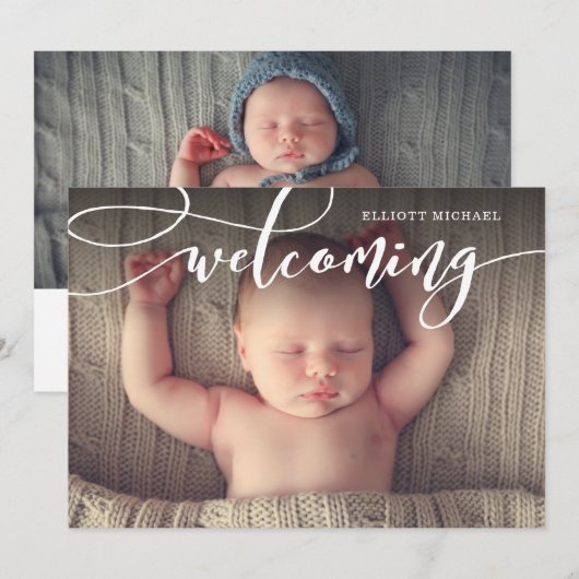 Stijlvolle Welkomstscript Foto geboorteaankondigin Aankondiging (Voorkant / Achterkant)