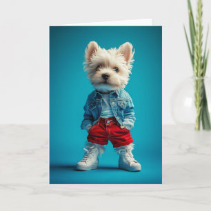 Stijlvolle Westie Pup in Denim en Sneakers