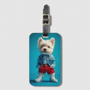 Stijlvolle Westie Pup in Denim en Sneakers Bagagelabel