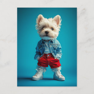 Stijlvolle Westie Pup in Denim en Sneakers Briefkaart