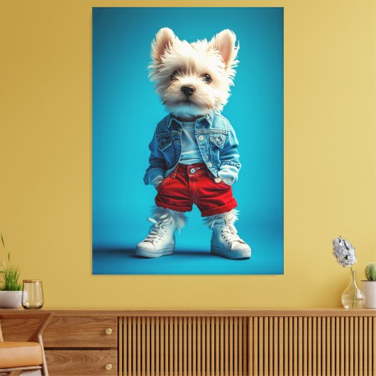 Stijlvolle Westie Pup in Denim en Sneakers Canvas Afdruk (Insitu (Woonkamer))
