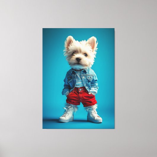 Stijlvolle Westie Pup in Denim en Sneakers Canvas Afdruk (Voorkant)