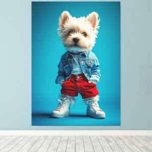 Stijlvolle Westie Pup in Denim en Sneakers Canvas Afdruk
