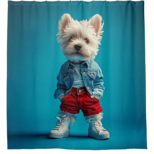 Stijlvolle Westie Pup in Denim en Sneakers Douchegordijn (Voorkant)
