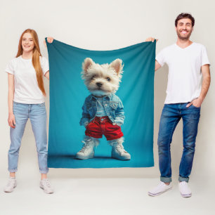 Stijlvolle Westie Pup in Denim en Sneakers Fleece Deken