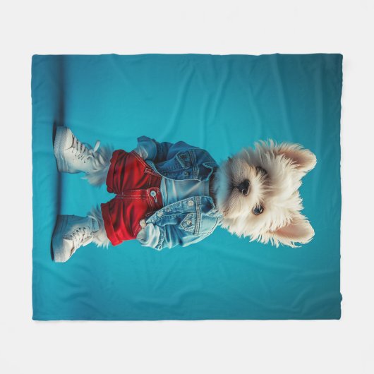 Stijlvolle Westie Pup in Denim en Sneakers Fleece Deken (Voorkant (Horizontaal))