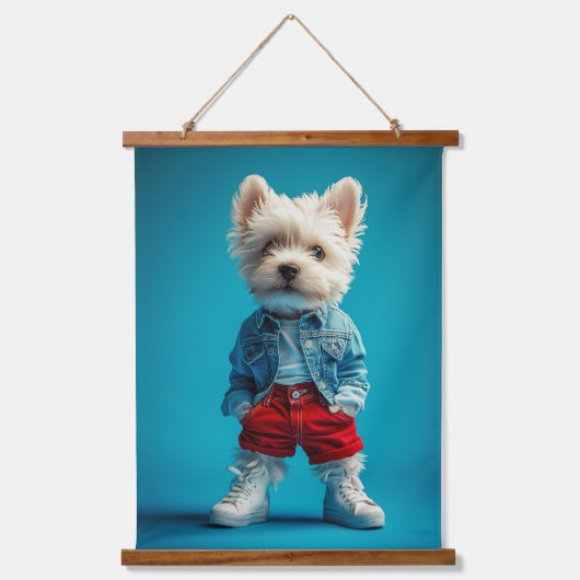 Stijlvolle Westie Pup in Denim en Sneakers Hangend Wandkleed (Voorkant)