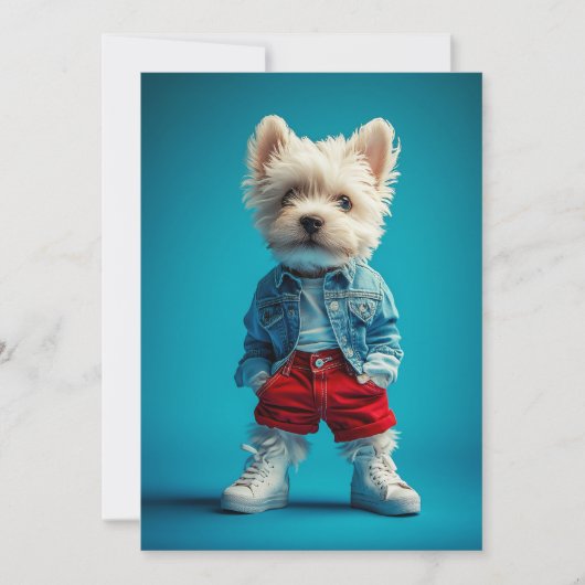 Stijlvolle Westie Pup in Denim en Sneakers Kaart (Voorkant)