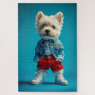 Stijlvolle Westie Pup in Denim en Sneakers Legpuzzel