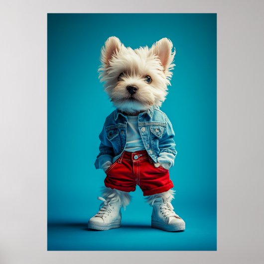 Stijlvolle Westie Pup in Denim en Sneakers Poster (Voorkant)