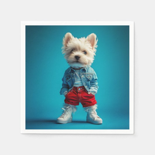 Stijlvolle Westie Pup in Denim en Sneakers Servet (Voorkant)