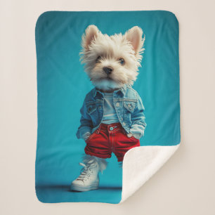 Stijlvolle Westie Pup in Denim en Sneakers Sherpa Deken