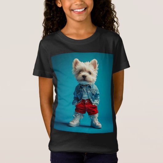 Stijlvolle Westie Pup in Denim en Sneakers T-shirt (Voorkant)